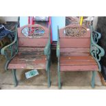 CAST METAL FRAMED GARDEN BENCH AND PAIR OF MATCHING CHAIRS