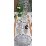SEVEN ITEMS OF GLASSWARE INCLUDING STOPPERED DECANTER, JUG, JELLY MOULD AND GREEN GLASS GOBLET