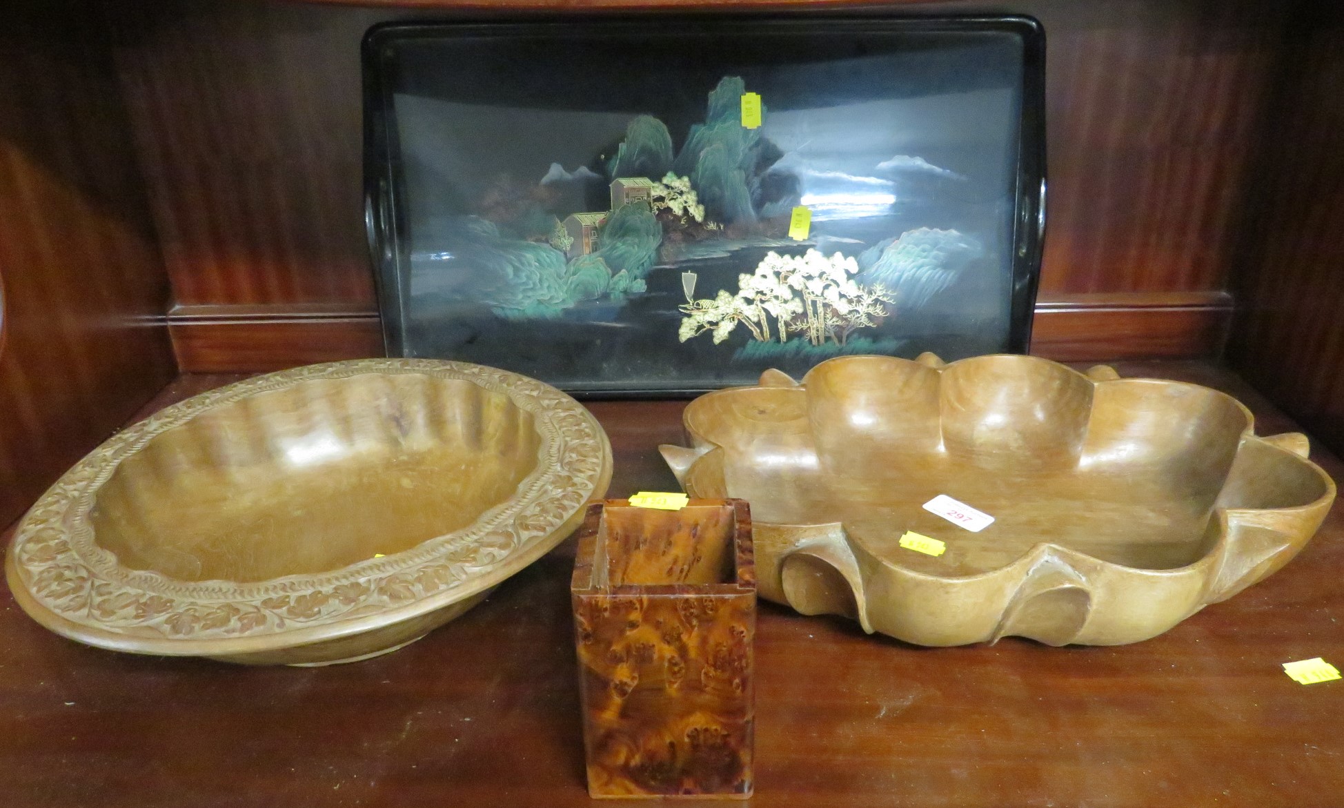 TWO WOODEN BOWLS, WALNUT PENCIL HOLDER AND DECORATIVE TEA TRAY