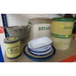 SELECTION OF VINTAGE ENAMEL WEAR AND KITCHEN INCLUDING BREAD BIN