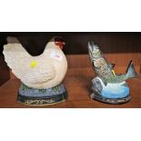 TWO PAINTED CAST METAL DOOR STOPS, CHICKEN AND FISH