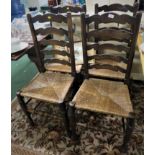 FOUR OAK FRAMED LADDER BACK DINING CHAIRS WITH RUSH SEATS