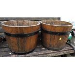 TWO WOODEN BUCKETS AND FOUR METAL HANGING BASKET BRACKETS