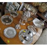 SILVER PLATED ROSE BOWL, CLAMSHELL DISH ON FOOT, PAIR OF WINE COASTERS, HOT WATER POT WITH FRUIT
