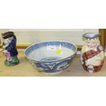 CHINESE BOWL DECORATED WITH DRAGONS TOGETHER WITH TWO VINTAGE TOBY JUGS (ALL A/F)
