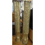 PAIR OF BRASS 'TRENCH ART' LARGE ARTILLERY SHELLS WITH FOLIATE DESIGN AND CRIMPED BASES