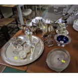 SELECTION OF SILVER PLATED METALWARE INCLUDING TEA SET, GALLERIED TRAY, CRUET, ETC