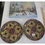 PAIR OF ROYAL DOULTON DECORATIVE PLATES (A/F) AND SNOW SCENE PICTURE