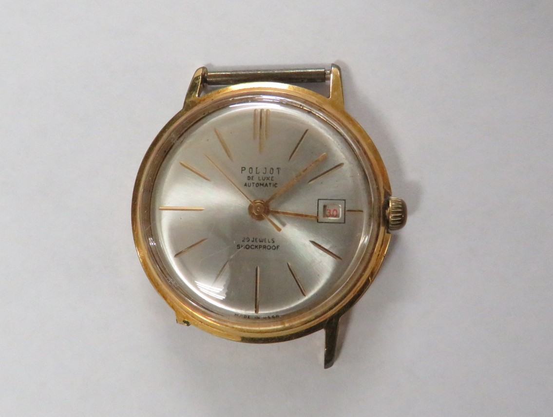 POLJOT GENTS WRISTWATCH, STAINLESS STEEL AND GOLD PLATED, BATON NUMERALS, DATE APERTURE, DIAL MARKED