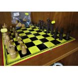 SET OF WOODEN CHESS PIECES, CHECKERS AND CHESS BOARD