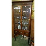 LARGE MAHOGANY GLAZED TWO DOOR CORNER CABINET WITH SINGLE DRAWER AND BRASS HANDLES (KEY IN OFFICE)