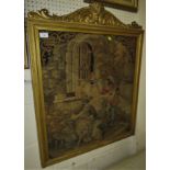 LARGE FRAMED AND GLAZED TAPESTRY NEEDLEWORK DEPICTING SERENADING CLASSICAL COUPLE