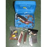 SMALL CASH TIN WITH CONTENTS OF PENKNIVES, COINS, CUFFLINKS STUDS AND OTHER SMALL ITEMS