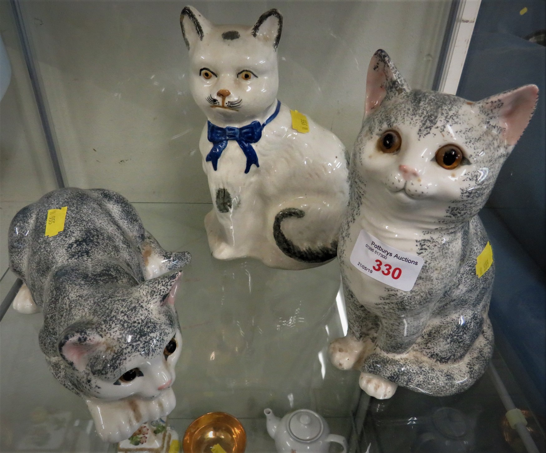 STAFFORDSHIRE STYLE CHINA CAT AND TWO JUST CAT & CO CHINA CATS