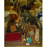 TREEN WARE INCLUDING CARVED BEARS AND TRAY, TOGETHER WITH VINTAGE ITEMS INCLUDING LEATHER WALLETS,