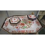 WEDGWOOD OCTAGONAL DRESSING TABLE TRAY AND TWO JARS, FOLIATE WITH BLUE AND GILT BORDERS