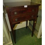 REPRODUCTION MAHOGANY VENEERED AND BOXWOOD STRUNG TWO DRAWER SIDE TABLE ON TAPERING LEGS