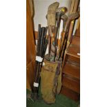 VINTAGE CANVAS GOLF BAG WITH CLUBS, TOGETHER WITH OTHER GOLF CLUBS (A/F)