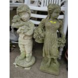 TWO STONEWARE GARDEN STATUES - BOY WITH DOG AND GIRL WITH BASKET