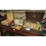 HIS MASTER'S VOICE PORTABLE RECORD PLAYER, TWO VINTAGE PORTABLE RADIOS AND MORSE CODE TRANSMITTER (