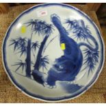 ORIENTAL BLUE AND WHITE CERAMIC DISH DECORATED WITH TIGER AND BAMBOO