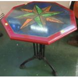 CAST METAL FRAMED OCCASIONAL TABLE WITH PAINTED OCTAGONAL TOP