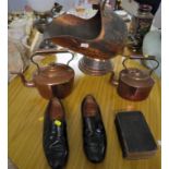 COPPER COAL SCUTTLE, 'MACHINERY'S HANDBOOK', PAIR OF LEATHER SHOES AND TWO COPPER KETTLES