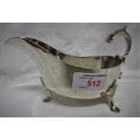 SILVER SAUCE BOAT WITH DOUBLE SCROLL HANDLE ON THREE HOOF FEET, SHEFFIELD, 7.8 OZT