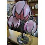 THREE BRANCH TABLE LAMP WITH FLORAL GLASS SHADES