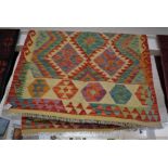 HAND KNOTTED BEIGE GROUND COLOURFUL GEOMETRIC PATTERNED FLOOR RUG (APPROXIMATELY 162CM X 102CM)