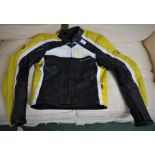 HEIN GERICKE LADIES LEATHER MOTORCYCLE JACKET, SIZE 40, BLACK, YELLOW AND WHITE COLOURS