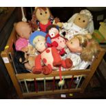 VINTAGE WOODEN DOLL'S COT WITH CONTENTS OF DOLLS AND SOFT TOYS