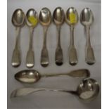 SET OF SIX GEORGIAN SILVER TEASPOONS, VICTORIAN SILVER TEASPOON AND SILVER PLATED SERVING SPOON (