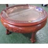 ORIENTAL REDWOOD CIRCULAR COFFEE TABLE WITH INSET COPPER TRAY