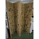 CLOTH CLAD FOUR PART FOLDING ROOM DIVIDER WITH DECORATIVE NEEDLEWORK DESIGN DEPICTING BIRDS AND