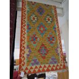 HAND KNOTTED WOOLLEN FLOOR RUNNER WITH COLOURFUL GEOMETRIC PATTERN (APPROXIMATELY 212CM X 61CM)