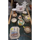 DECORATIVE CHINA INCLUDING J & G MEAKIN TEAPOT, CROWN DEVON CHICKEN EGG CROCK, HONITON AND JERSEY