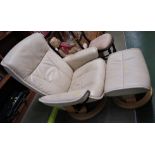 EKORNES STRESSLESS SWIVEL RECLINING ARMCHAIR WITH MATCHING FOOTSTOOL IN BEIGE LEATHER UPHOLSTERY