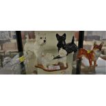 ROYAL DOULTON CORGI, TWO CERAMIC TERRIERS, GLASS DASCHUND AND ONE OTHER ORNAMENT