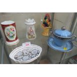 FIVE ITEMS OF DECORATIVE CERAMICS INCLUDING SPODE LIDDED CUP AND SAUCER AND CARLTON WARE SUGAR