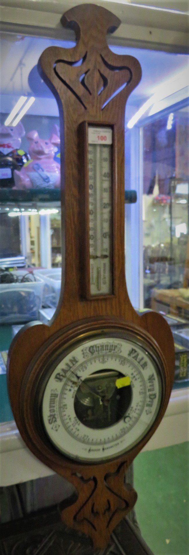 CARVED OAK MOUNTED BAROMETER THERMOMETER (A/F)