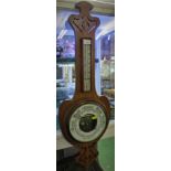 CARVED OAK MOUNTED BAROMETER THERMOMETER (A/F)