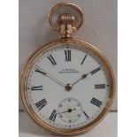 9 carat gold open face pocket watch, crown winding, white enamel dial with Roman chapter and