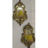 Pair of gilt brass single-branch girandole mirrors with four-panel glazing and electric fittings,