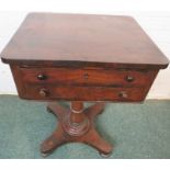 William IV banded mahogany two-drawer stand, inlaid lozenge escutcheon, on a baluster column and