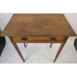 Rustic pine single-drawer side table with embossed metal lug handles, on square tapering legs,