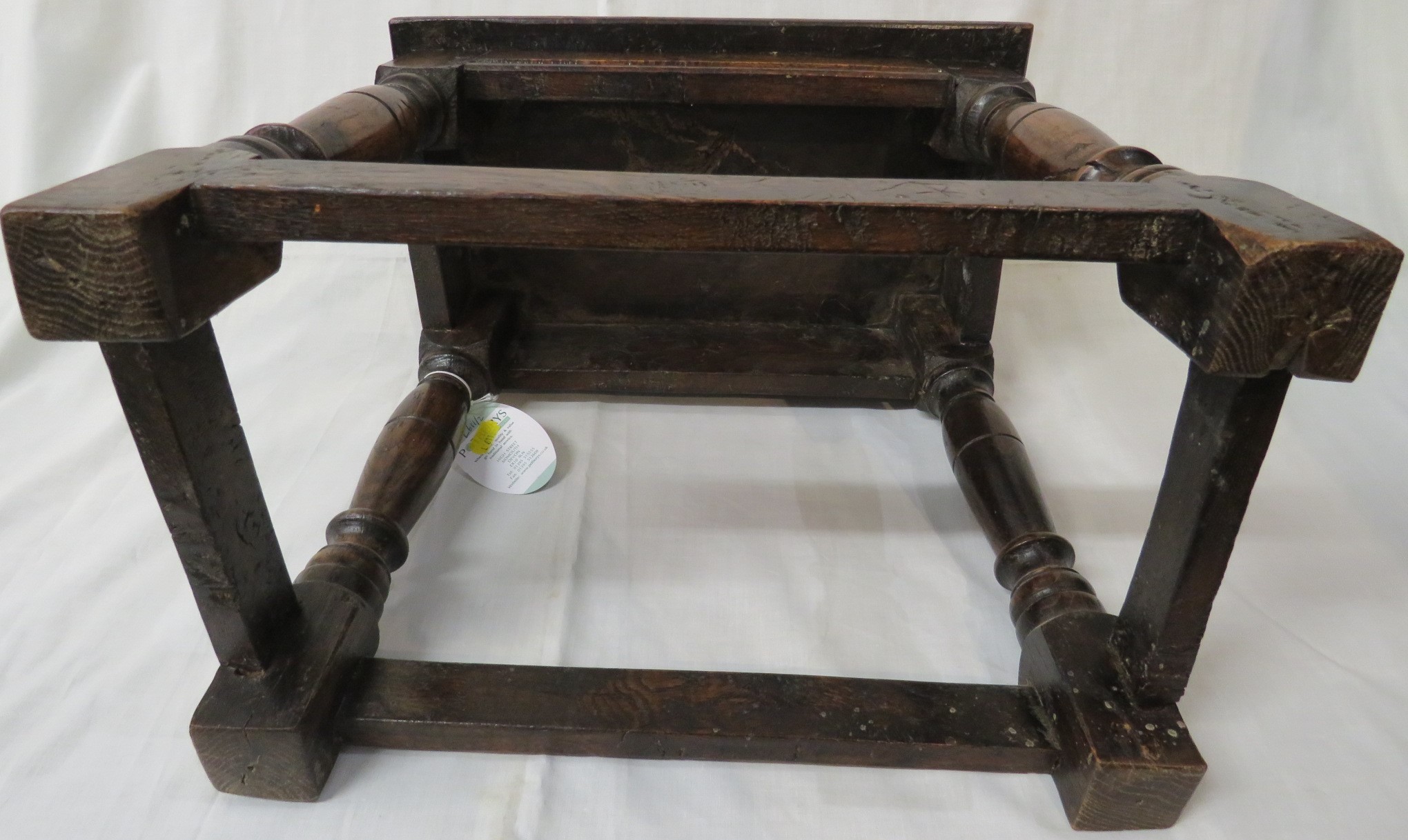 18th century oak framed joined stool with burr walnut top, baluster turned supports, straight - Image 4 of 5