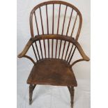 19th century elm and oak comb back Windsor chair with scrolled arms and a turned stretcher (height