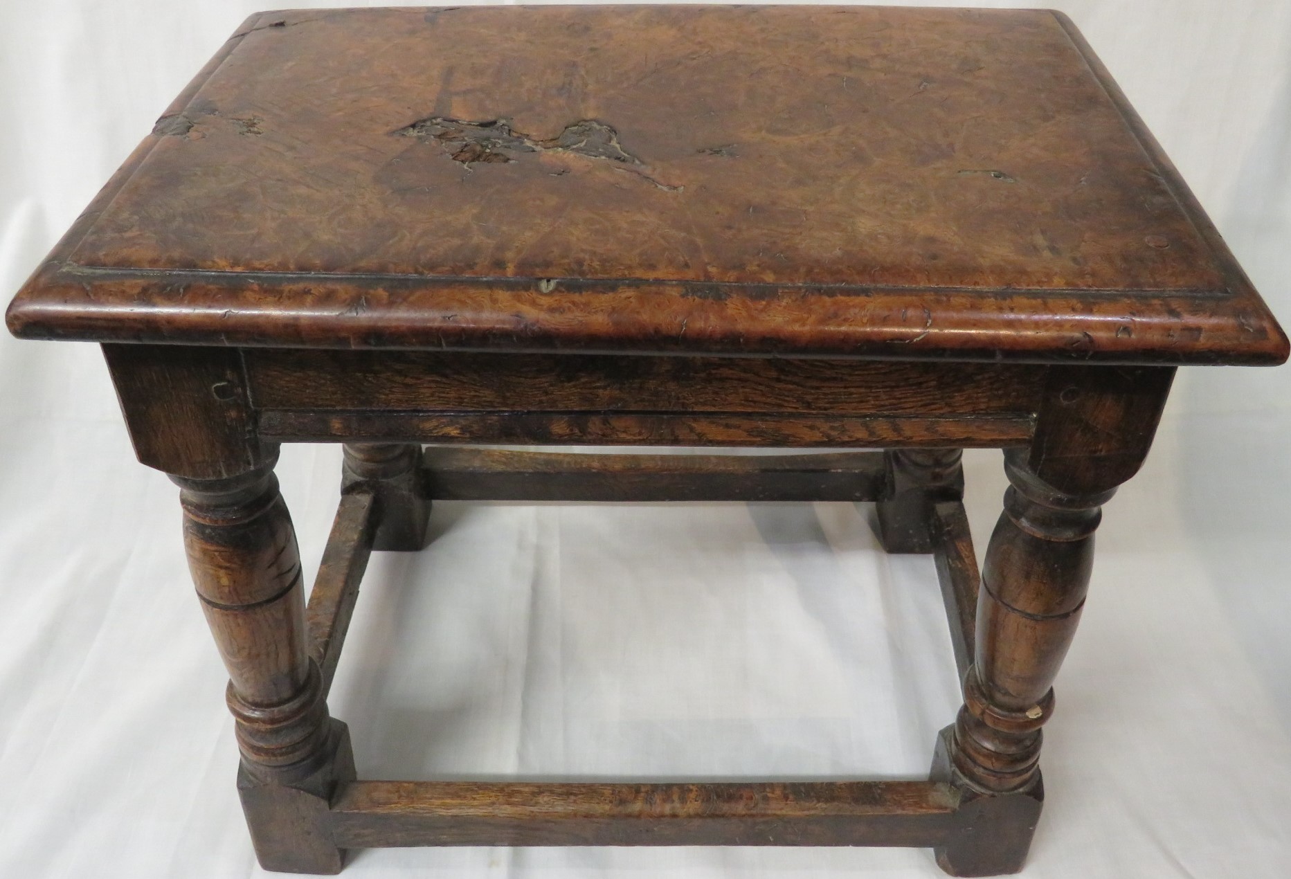 18th century oak framed joined stool with burr walnut top, baluster turned supports, straight