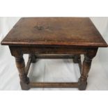 18th century oak framed joined stool with burr walnut top, baluster turned supports, straight